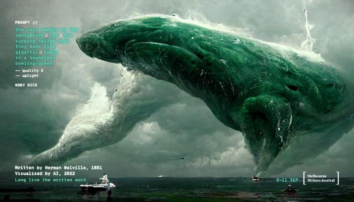 This ad for an Aussie writing festival honours literature’s famed passages–using AI artwork